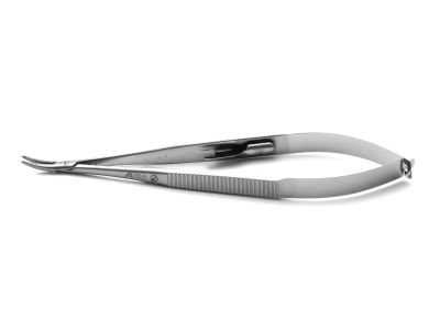 Castroviejo needle holder, 5 3/4'',delicate, curved, 10.0mm TC dusted jaws, flat handle, with lock