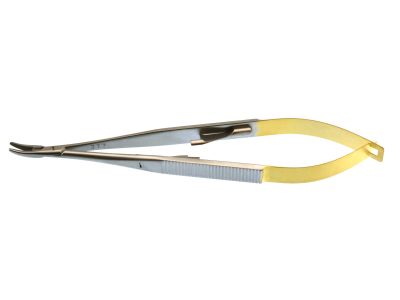 Castroviejo needle holder, 5 3/4'',delicate, curved, 10.0mm TC dusted jaws, round handle, with lock