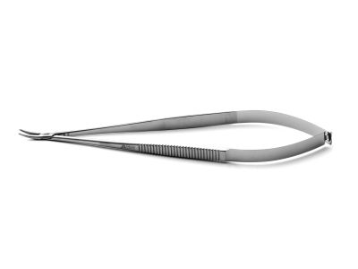 Heaney needle holder, 6 1/4'', curved, serrated jaws, ring handle