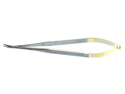 Castroviejo needle holder, 7'',delicate, curved, serrated TC jaws, flat handle, with lock