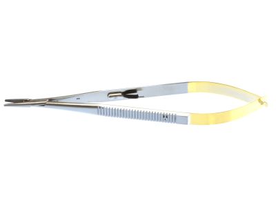 Castroviejo needle holder, 7 1/4'',heavy, straight, serrated TC jaws, flat handle, with lock