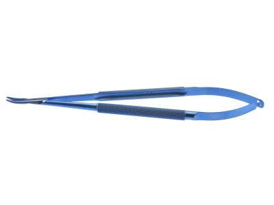 Castroviejo slim-line needle holder, 7'',delicate, curved, 11.0mm TC dusted jaws, flat handle, without lock, titanium