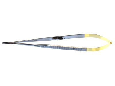 Castroviejo needle holder, 8 1/2'',medium, straight, serrated TC jaws, flat handle, with lock