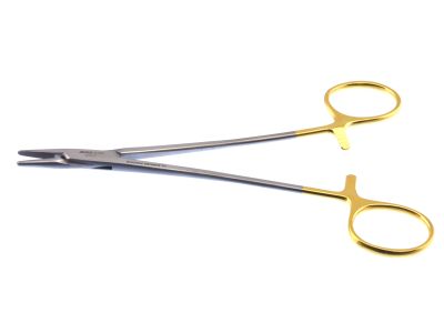Crile-Wood needle holder, 6'', straight, serrated TC jaws, gold ring handle, left handed