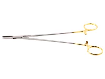 Crile-Wood needle holder, 9'',straight, serrated TC jaws, gold ring handle