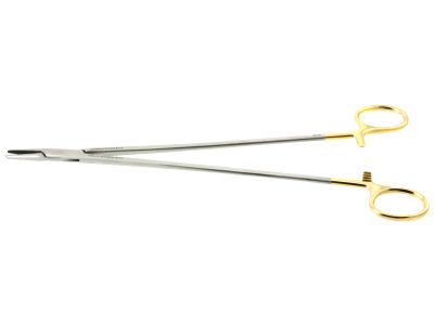 Crile-Wood needle holder, 10'',straight, serrated TC jaws, gold ring handle
