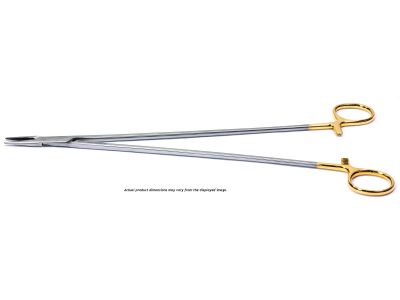Crile-Wood needle holder, 14'',straight, serrated TC jaws, gold ring handle