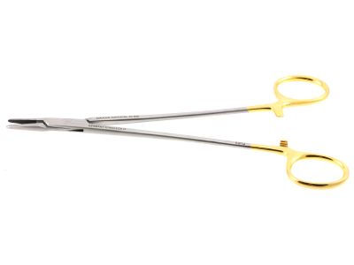 DeBakey needle holder, 7'',straight, serrated TC jaws, gold ring handle