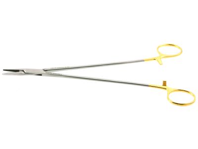 DeBakey needle holder, 9'',straight, serrated TC jaws, gold ring handle