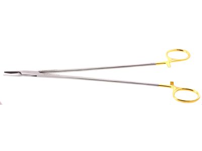DeBakey needle holder, 10'',straight, serrated TC jaws, gold ring handle