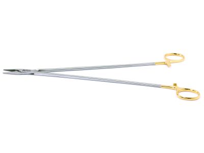 DeBakey needle holder, 12'',straight, serrated TC jaws, gold ring handle