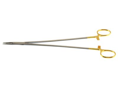 DeBakey vascular needle holder, 10'',straight, serrated TC jaws, gold ring handle