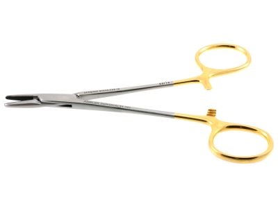 Derf needle holder, 4 3/4'',straight, serrated TC jaws, gold ring handle