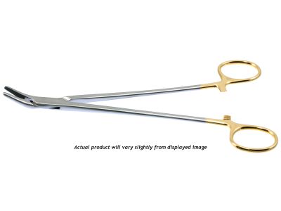 Finochietto needle holder, 10'',angled, serrated TC jaws, gold ring handle
