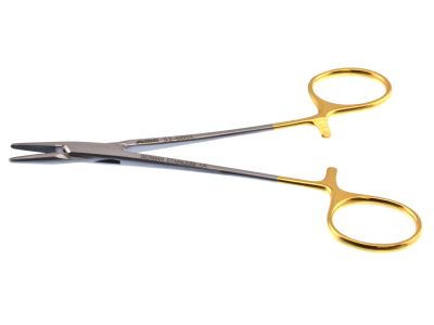 Halsey needle holder, 5'', straight, smooth TC jaws, gold ring handle, left handed
