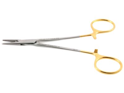 Halsey needle holder, 5'',straight, serrated TC jaws, gold ring handle
