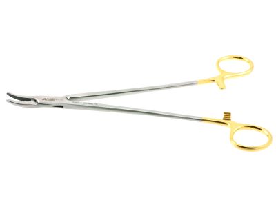 Heaney needle holder, 8 1/4'',curved, serrated TC jaws, gold ring handle
