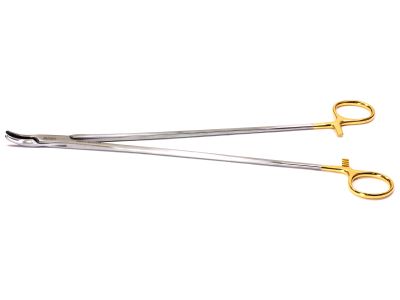 Heaney needle holder, 12'',curved, serrated TC jaws, gold ring handle