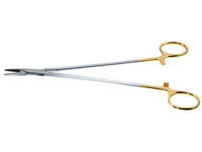 Julian needle holder, 8 1/4'',straight, serrated TC jaws, gold ring handle