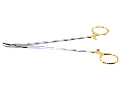 Julian needle holder, 8 1/4'',curved, serrated TC jaws, gold ring handle