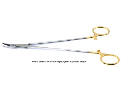 Julian needle holder, 10 1/2'', curved, serrated TC jaws, gold ring handle