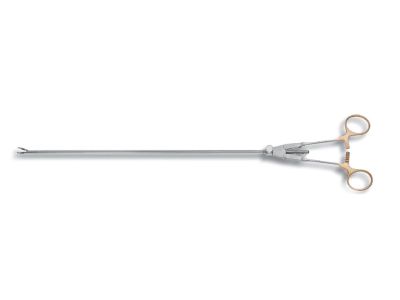 In-line needle holder, non-rotatable, single-action, 5.0mm diameter, 330.0mm working length, straight, serrated TC jaws, ring handle with ratchet catch