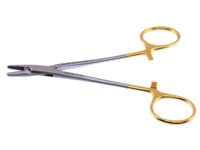 Mayo-Hegar needle holder, 5'', straight, serrated TC jaws, gold ring handle