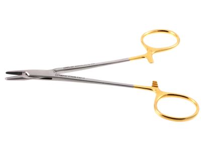 Baumgartner needle holder, 5'',straight, serrated TC jaws, gold ring handle
