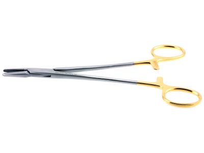 Mayo-Hegar needle holder, 6'', straight, serrated TC jaws, gold ring handle, left handed