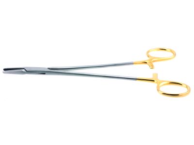 Mayo-Hegar needle holder, 8'', straight, serrated TC jaws, gold ring handle, left handed