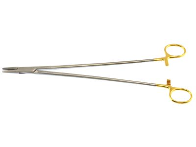 Mayo-Hegar needle holder, 12'',straight, serrated TC jaws, gold ring handle