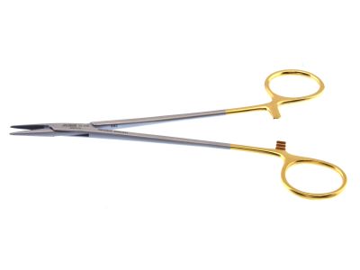 Microsurgical needle holder, 6'',straight, serrated TC jaws, gold ring handle