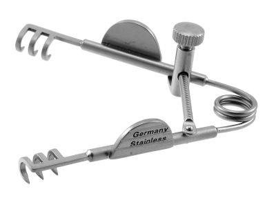 Agricola lacrimal sac retractor, 1 5/8'',curved 3.0mm semi-sharp 3x3 prongs, spring-loaded with screw lock, 32.0mm blade spread