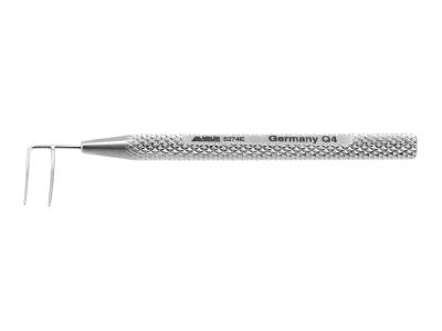 Harms trabeculotome probe, 1 5/8'',left, 9.0mm long pointed tips with 3.0mm spread, round handle