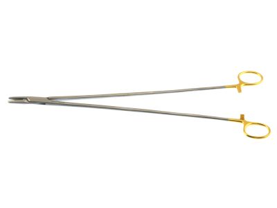 Nolan needle holder, 14'',heavy, straight, serrated TC jaws, gold ring handle