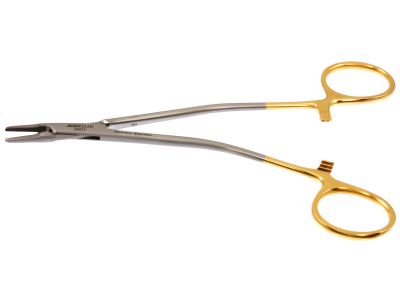Parell intra-nasal needle holder, 6'',angled shanks, straight, tapered 1.5mm TC jaws, gold ring handle