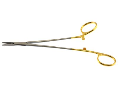 Rubio needle holder, 7 3/4'',straight, serrated TC jaws, gold offset ring handle