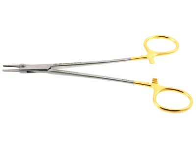 Ryder micro needle holder, 6'',straight, 1.5mm serrated TC jaws, gold ring handle