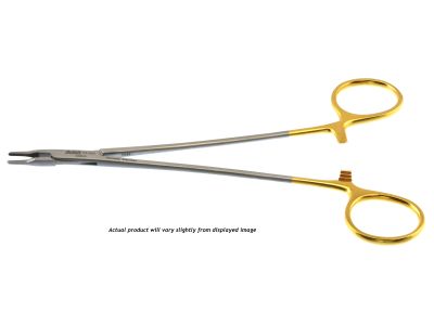 Ryder micro needle holder, 7'', straight, 1.0mm serrated TC jaws, gold ring handle, left handed