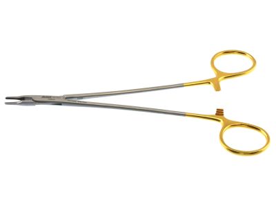 Ryder micro needle holder, 7'', straight, 1.0mm serrated TC jaws, gold ring handle