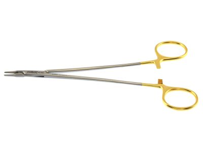 Ryder micro needle holder, 7'',straight, 1.5mm serrated TC jaws, gold ring handle