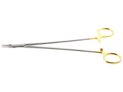 Ryder micro needle holder, 9'',straight, 1.5mm serrated TC jaws, gold ring handle