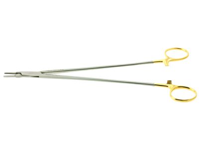 Ryder micro needle holder, 10'',straight, 1.5mm serrated TC jaws, gold ring handle