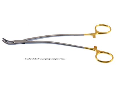 Stratte needle holder, 9'',double bend, delicate, curved, serrated TC jaws, gold ring handle