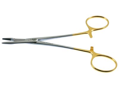 Olsen-Hegar needle holder/suture scissors, 4 3/4'',delicate, straight, serrated TC jaws, gold ring handle