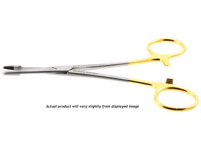 Olsen-Hegar needle holder/suture scissors, 5 1/2'', straight, serrated TC jaws, gold ring handle, left handed
