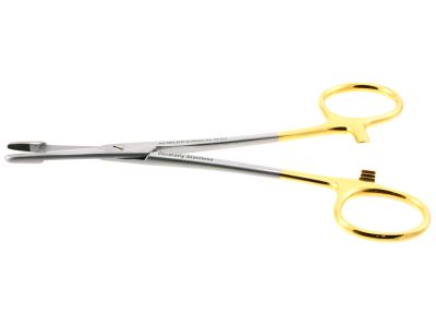 Olsen-Hegar needle holder/suture scissors, 5 1/2'',straight, serrated TC jaws, gold ring handle