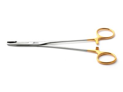 Olsen-Hegar needle holder/suture scissors, 7 1/2'',straight, serrated TC jaws, gold ring handle