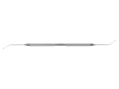 Ambler capsule polishing sweeper, 5 7/8”, double-ended, angled left and right, 12.0mm from bend to tip, for sub-incisional cleansing of the anterior capsule rim, round handle