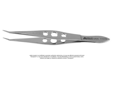Gold punctal plug / DEXTENZA® (dexamethasone ophthalmic insert) forceps, 4 1/4'', angled jaws, pointed not sharp tips, 0.2mm wide longintudinal groove, flat 3-hole handle